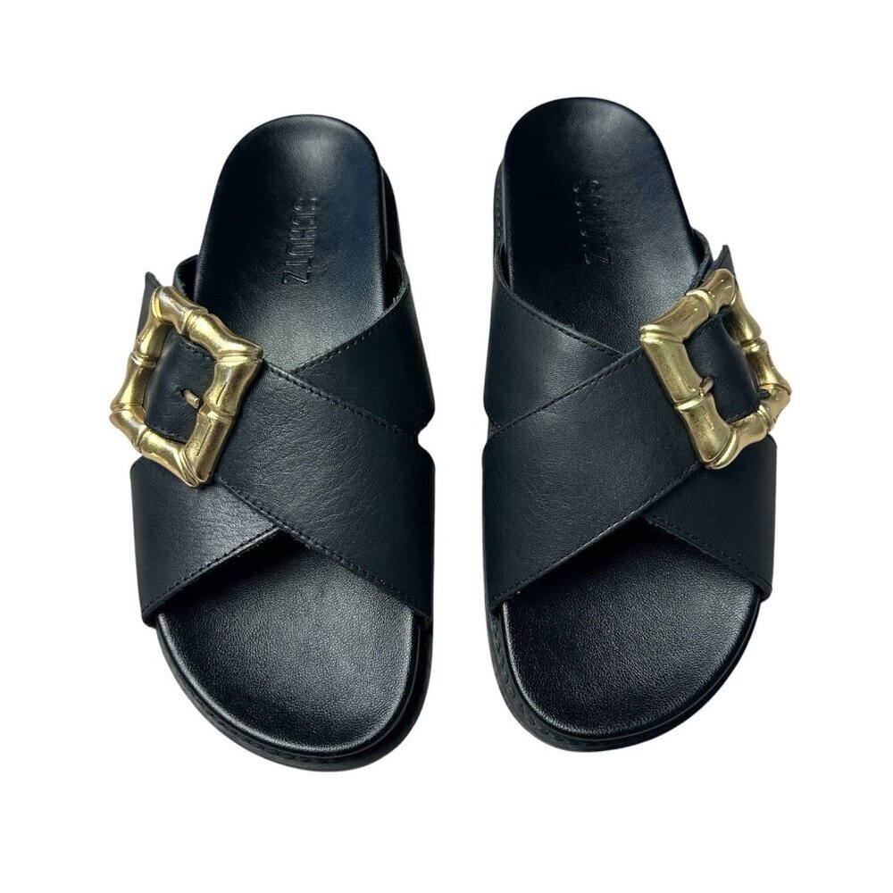 Schutz Enola Cross Slides Womens Size 5 B Black Leather Gold Bamboo Buckle Shoes